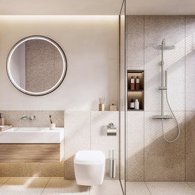 STRIA TOILETBORSTEL MET HOUDER - GREEP MET VERFIJNDE RIBBELSTRUCTUUR - HANGEND EN STAAND - MET KUNSTSTOF BINNENPOT - GEBORSTELD RVS