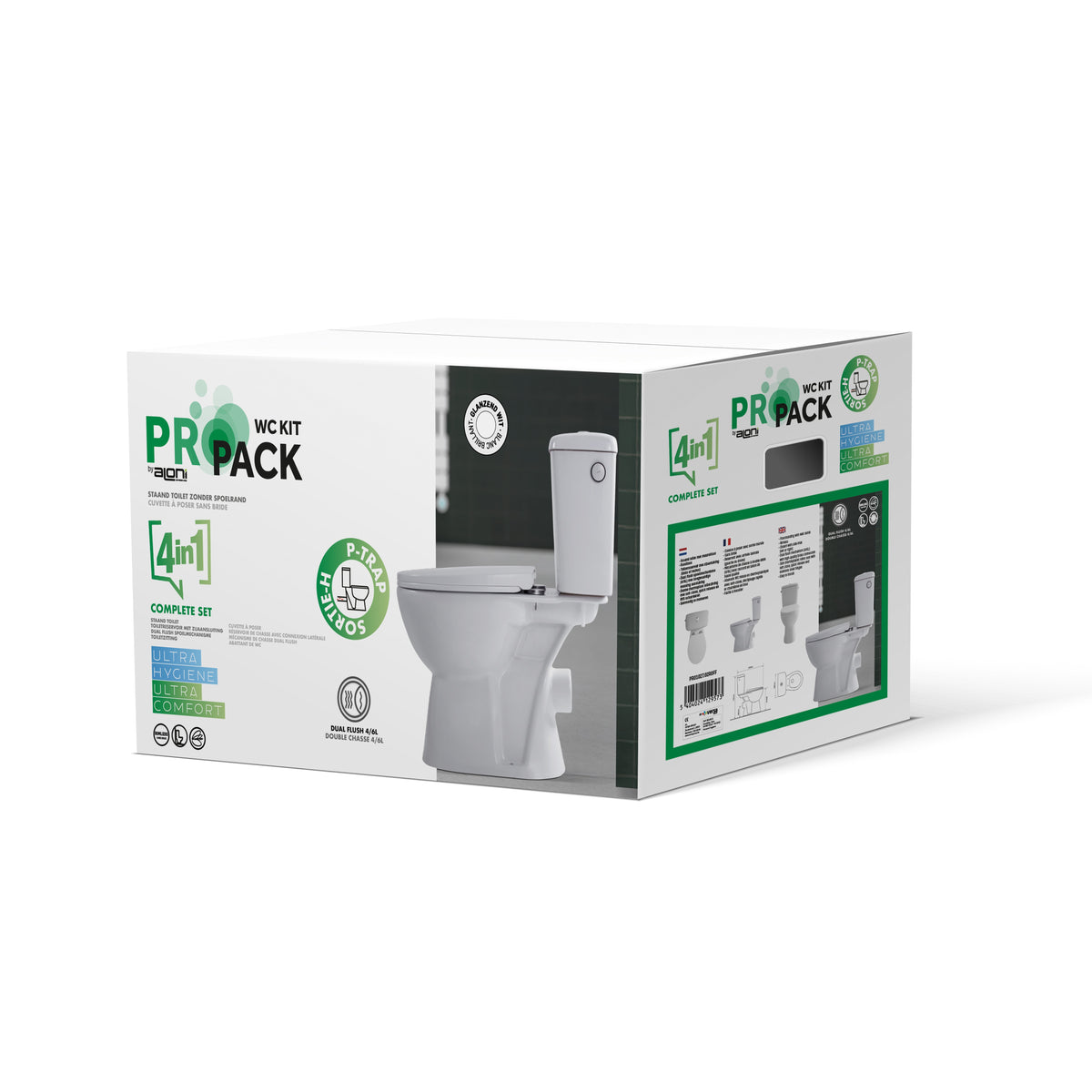 ALONI PRO DUOBLOK - STAAND TOILET - RANDLOOS - P-TRAP - MUURUITLAAT - MET RESERVOIR - MET SPOELMECHANISME - DUBBELE SPOELFUNCTIE 4/6L - MET ZITTING - SOFTCLOSE - QUICK RELEASE - 39X73X67 CM - WIT
