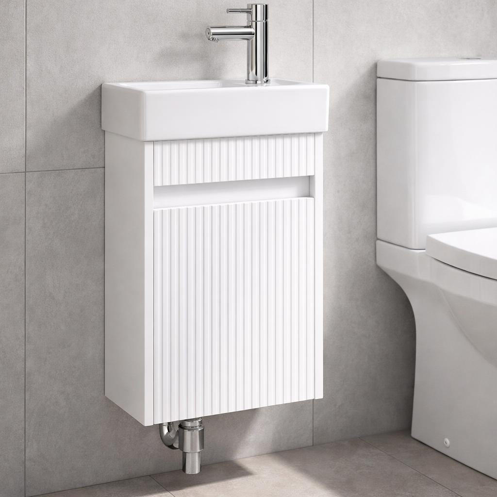 Toilet meubelset Hoogglans wit geribbeld incl. Chrome kraan, sifon en Chrome popup 40 x 22,5 x 63 (b x d x h)
