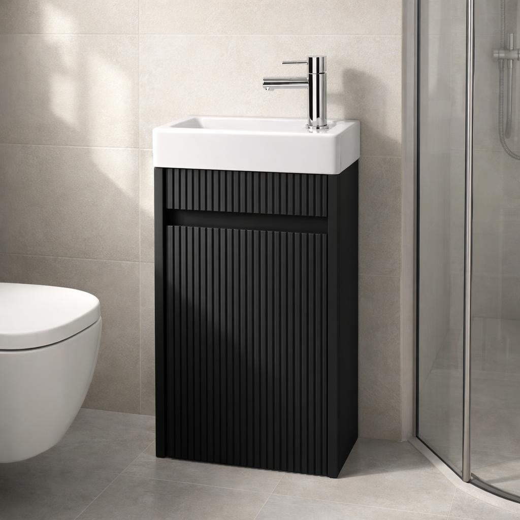 Toilet meubelset Mat zwart geribbeld incl. Chrome kraan, sifon en Chrome popup 40 x 22,5 x 63 (b x d x h)