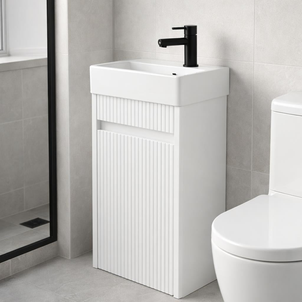 Toilet meubelset Hoogglans wit geribbeld incl. zwarte kraan, sifon en zwarte popup 40 x 22,5 x 63 (b x d x h)